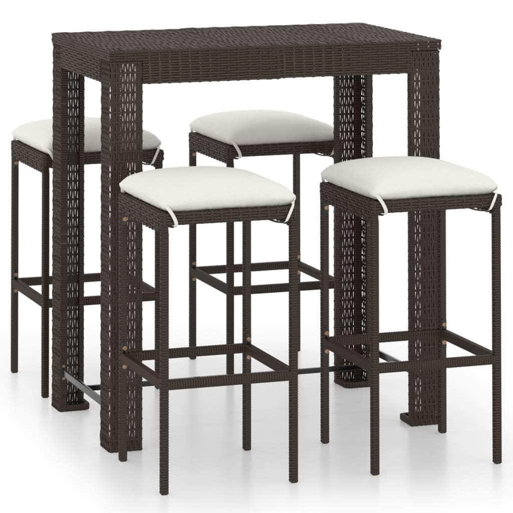 5 Piece Garden Bar Set with Cushions Poly Rattan Brown