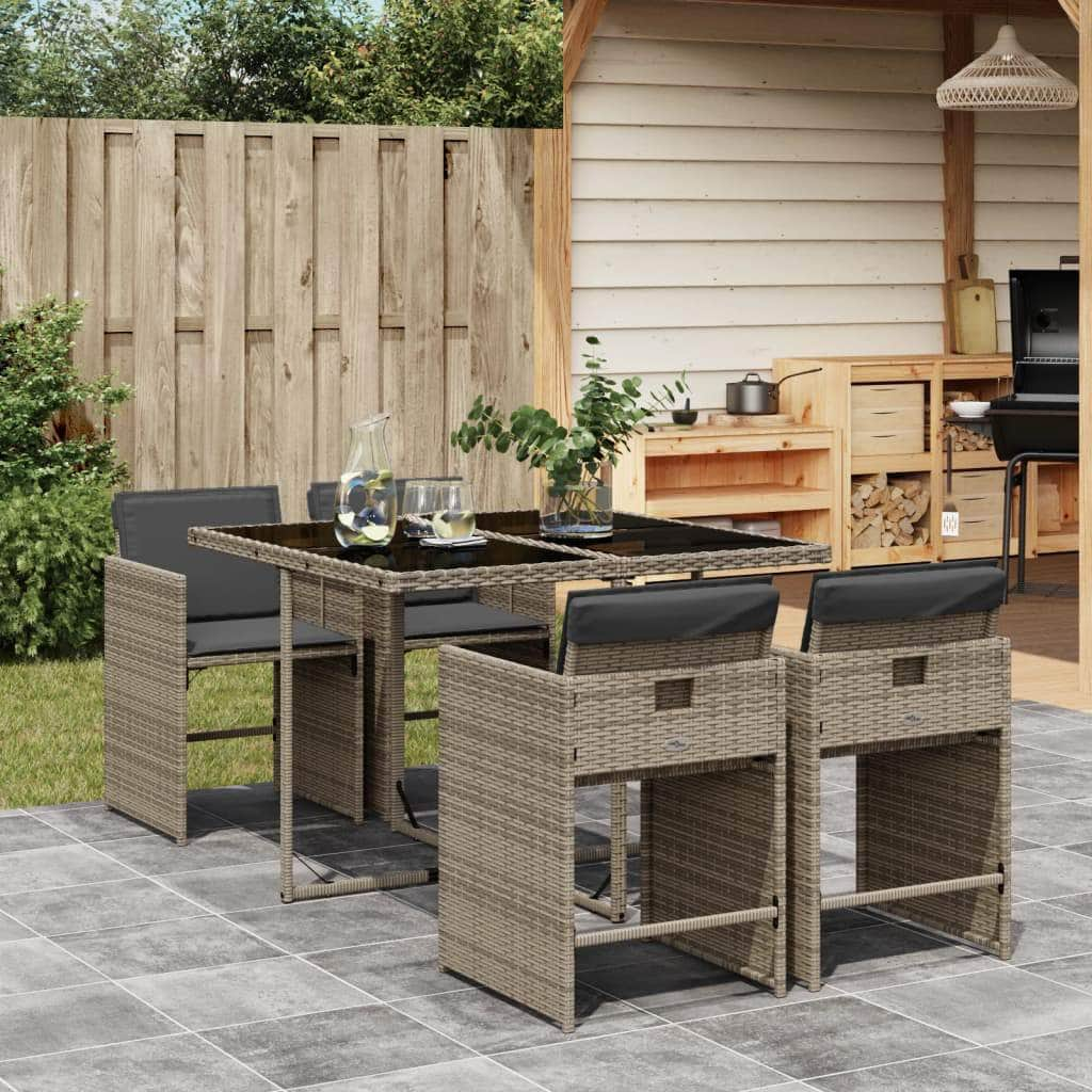 5-Piece Garden Dining Set with Cushions Black Poly Rattan