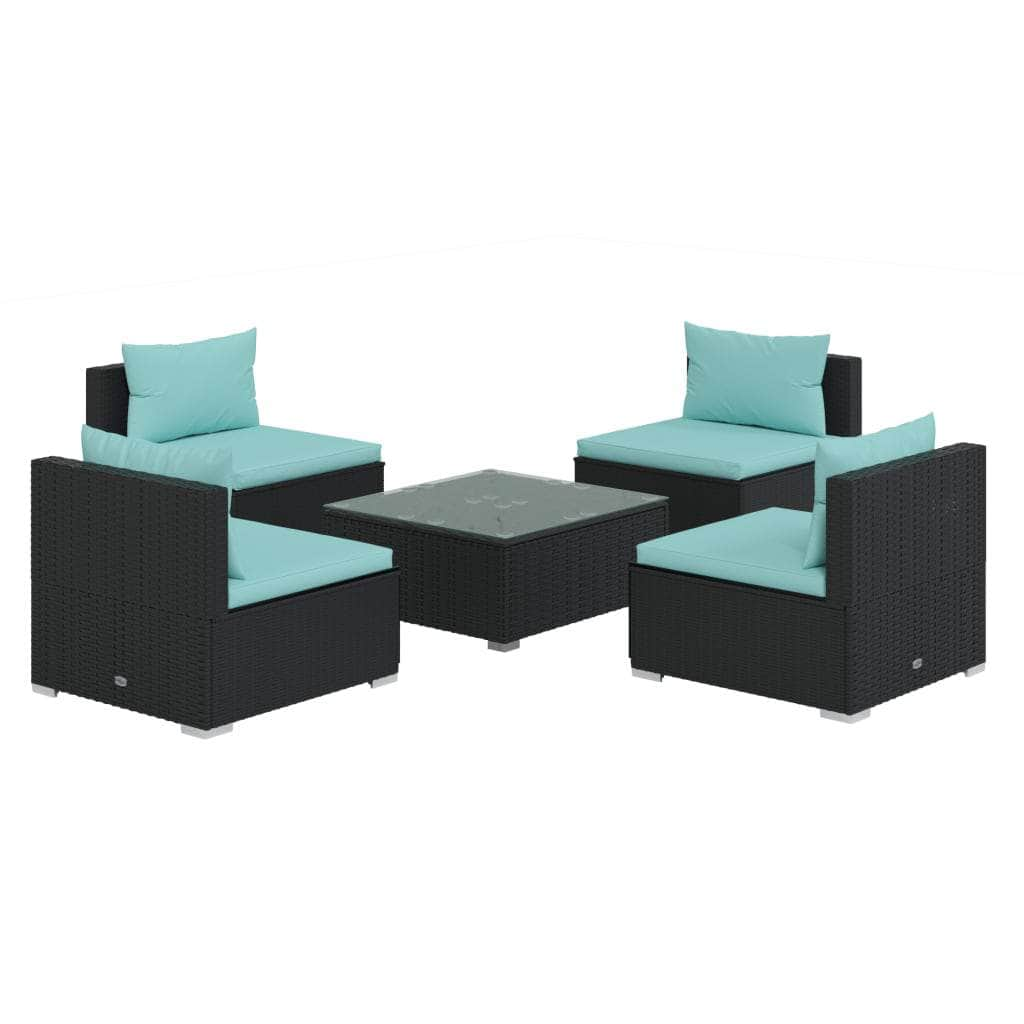 5 Piece Garden Lounge Set Black with Cushions Poly Rattan