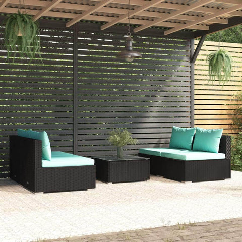 5 Piece Garden Lounge Set with Cushions Black Poly Rattan