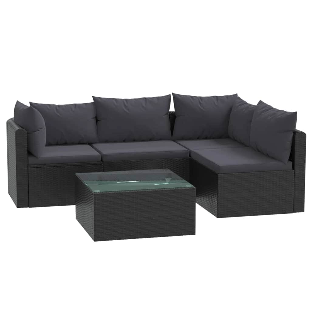 5 Piece Garden Lounge Set with Cushions Poly Rattan Black