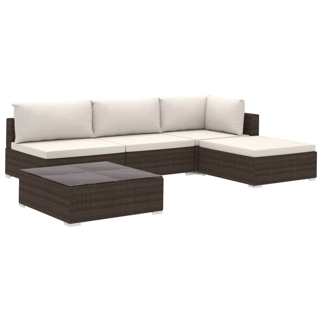 5 Piece Garden Lounge Set with Cushions Poly Rattan Brown