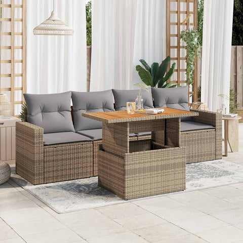 5 Piece Garden Sofa Set with Cushions Beige Poly Rattan - Outdoor Comfort