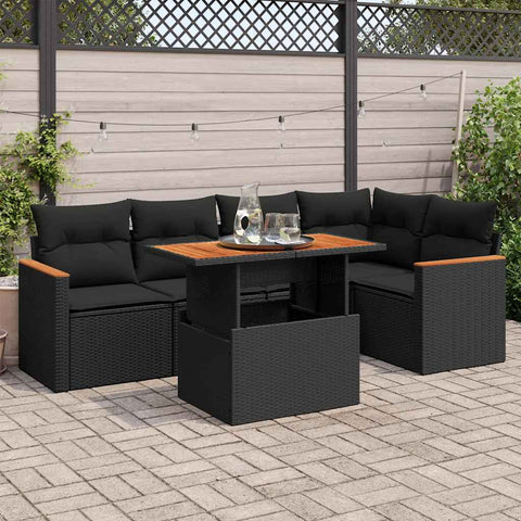 5 Piece Garden Sofa Set with Cushions Black Poly Rattan Acacia - Sleek & Functional