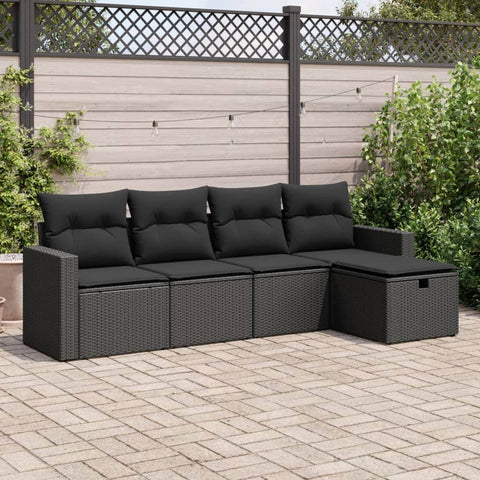 5 Piece Garden Sofa Set with Cushions Black Poly Rattan - Sleek