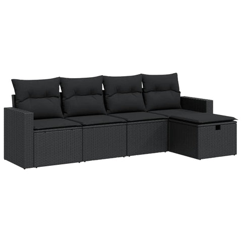 5 Piece Garden Sofa Set with Cushions Black Poly Rattan - Sleek