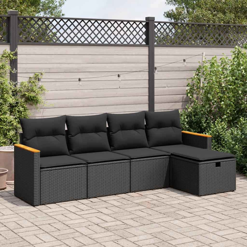 5 Piece Garden Sofa Set with Cushions Black Poly Rattan - Sleek