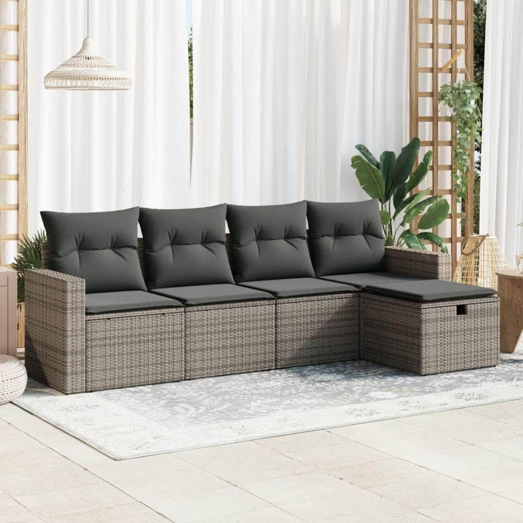 5 Piece Garden Sofa Set with Cushions Black Poly Rattan - Sleek