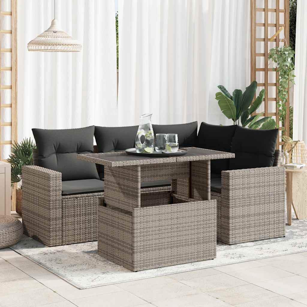 5 Piece Garden Sofa Set with Cushions Black Poly Rattan - Sleek