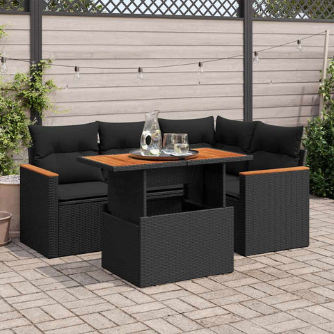 5 Piece Garden Sofa Set with Cushions Black Poly Rattan - Sleek