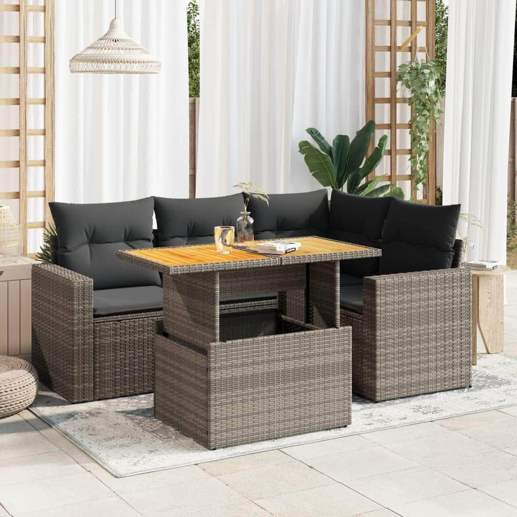 5 Piece Garden Sofa Set with Cushions Black Poly Rattan - Sleek