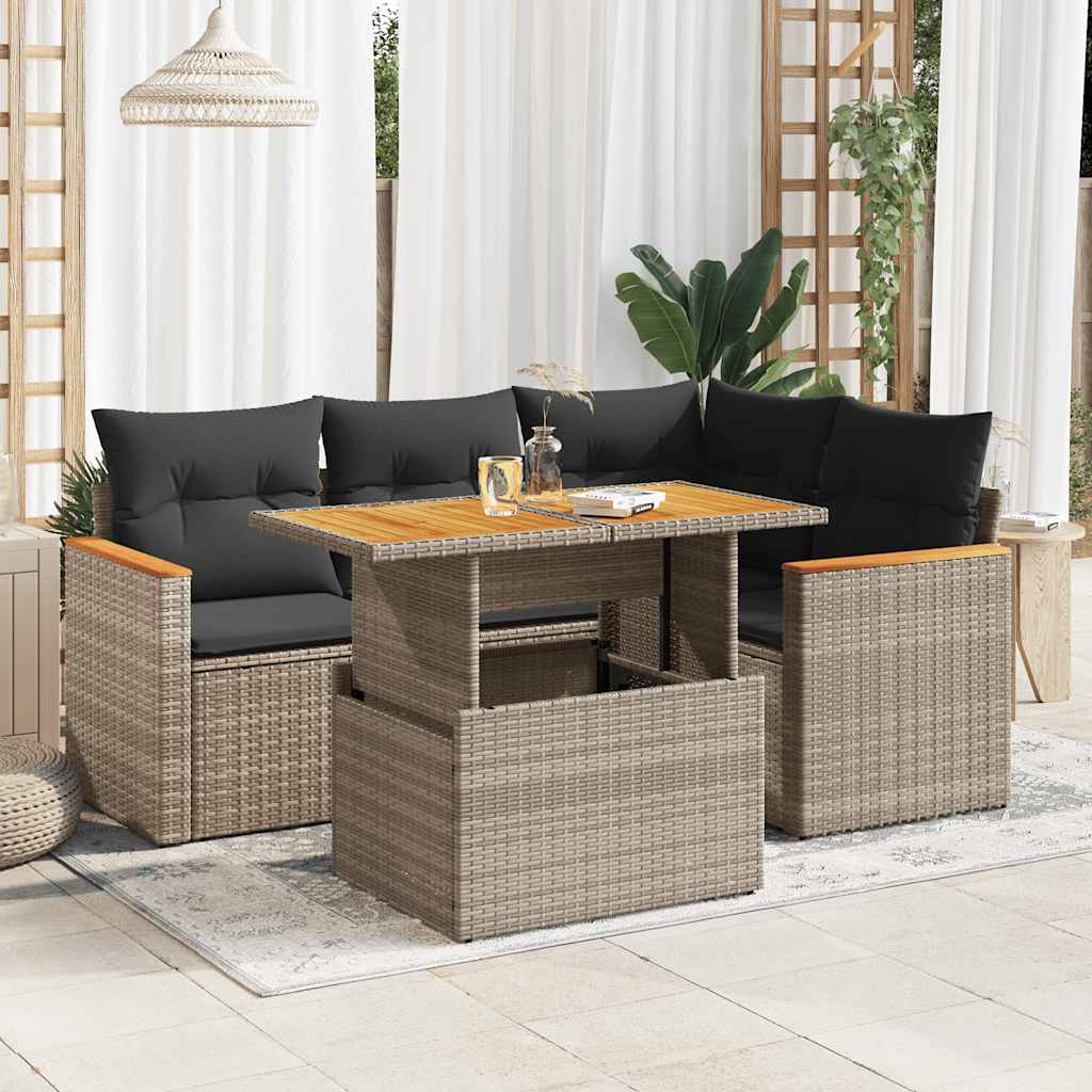 5 Piece Garden Sofa Set with Cushions Black Poly Rattan - Sleek