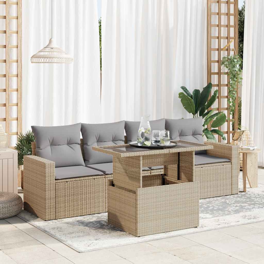 5 Piece Garden Sofa Set with Cushions Grey Poly Rattan Acacia