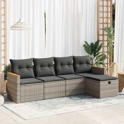 5 Piece Garden Sofa Set with Cushions Grey Poly Rattan - Durable