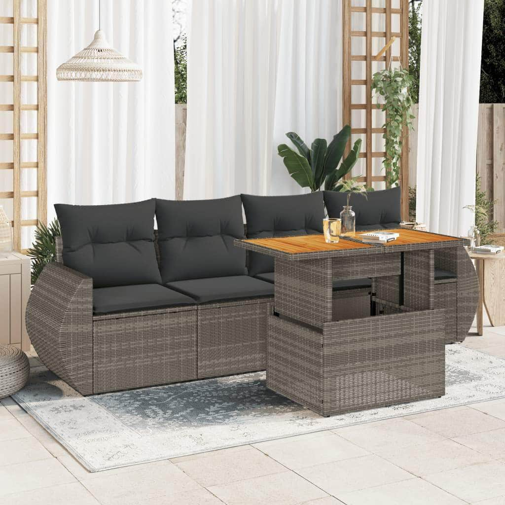 5 Piece Garden Sofa Set with Cushions Grey Poly Rattan - Stylish & Durable