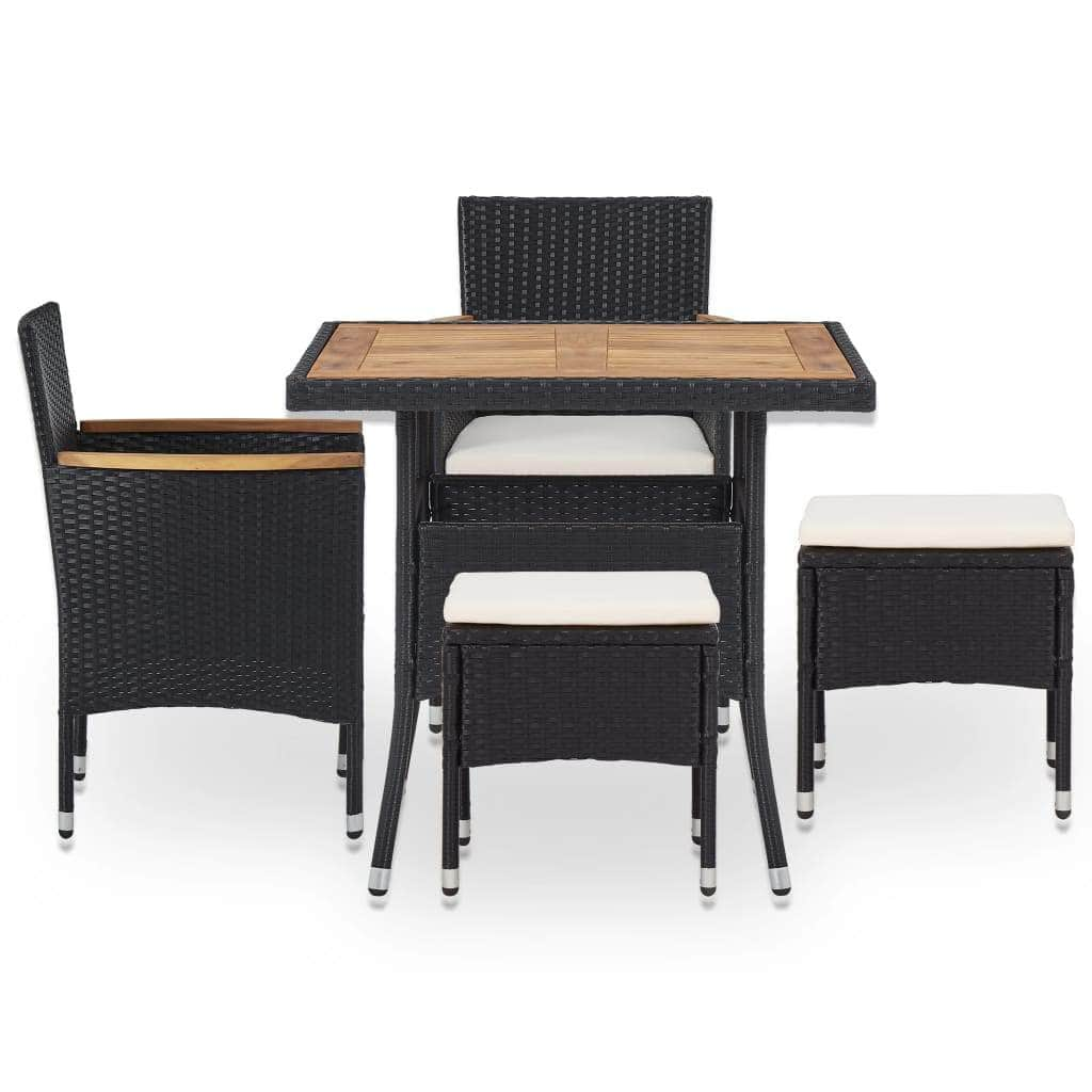 5 Piece Outdoor Dining Set Black Poly Rattan and Acacia Wood