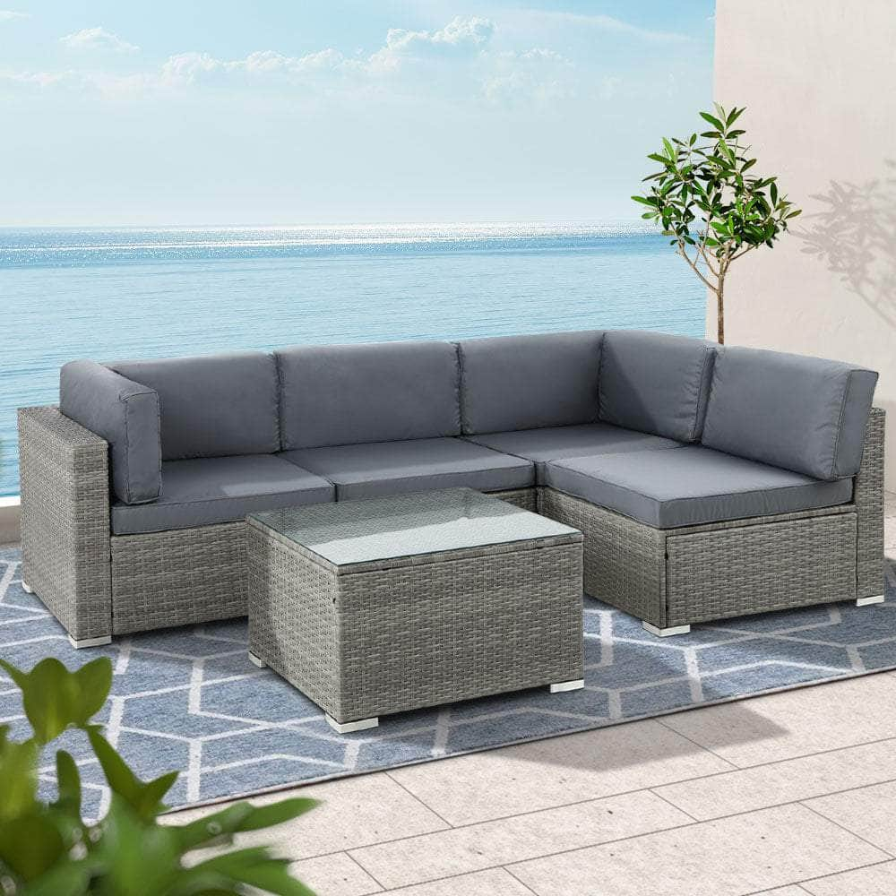 5-Piece Outdoor Sofa Set Wicker Couch Lounge Setting 4 Seater Grey