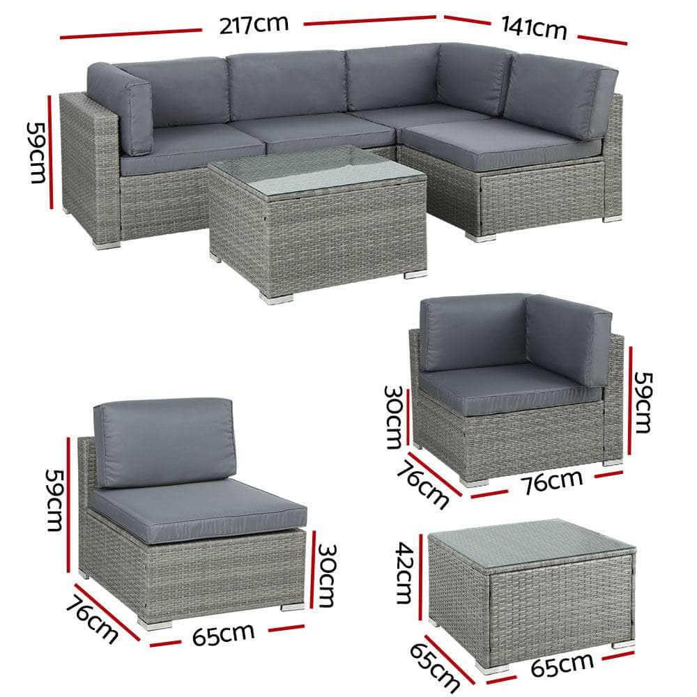 5-Piece Outdoor Sofa Set Wicker Couch Lounge Setting 4 Seater Grey