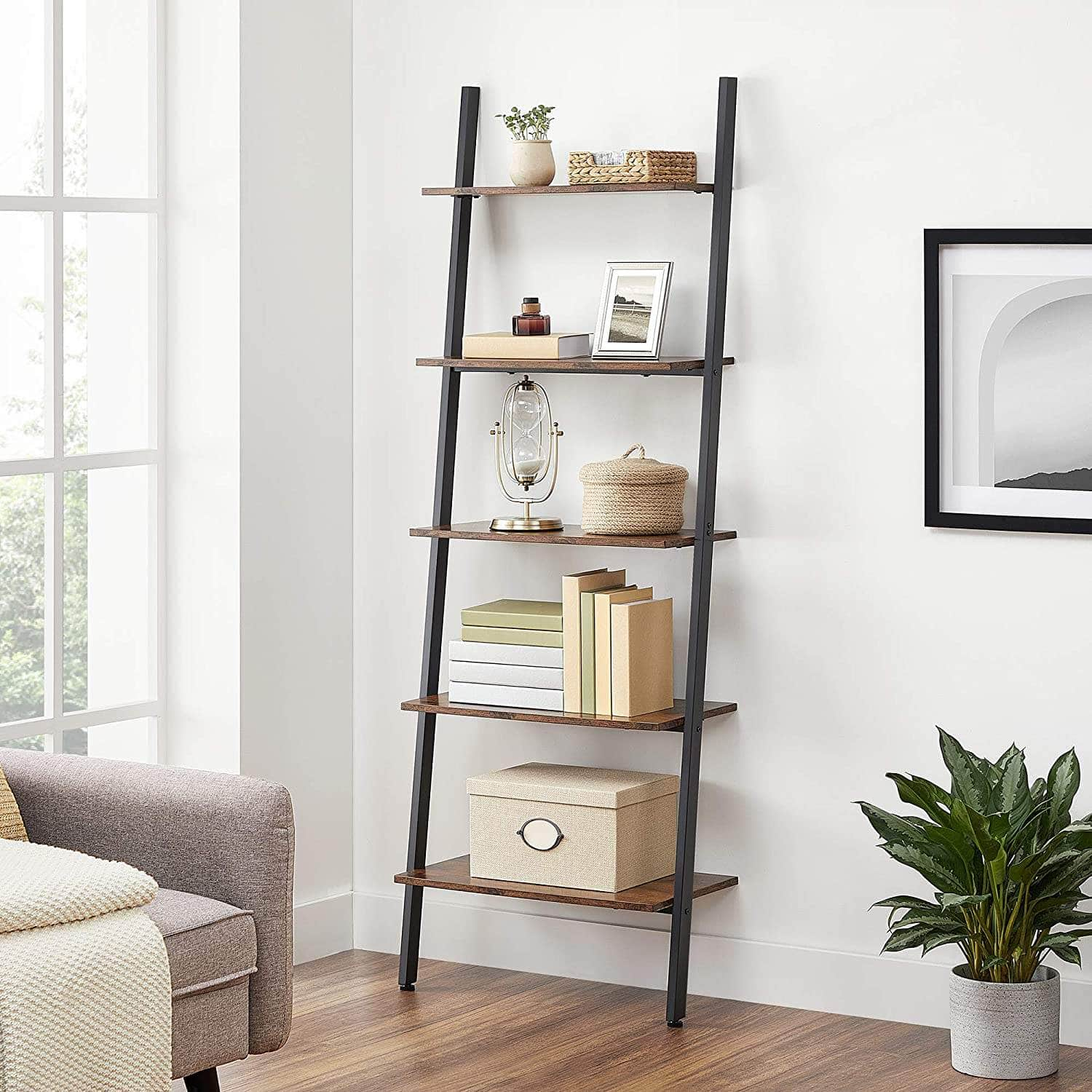 5-Tier Bookshelf Rack, Rustic Brown And Black