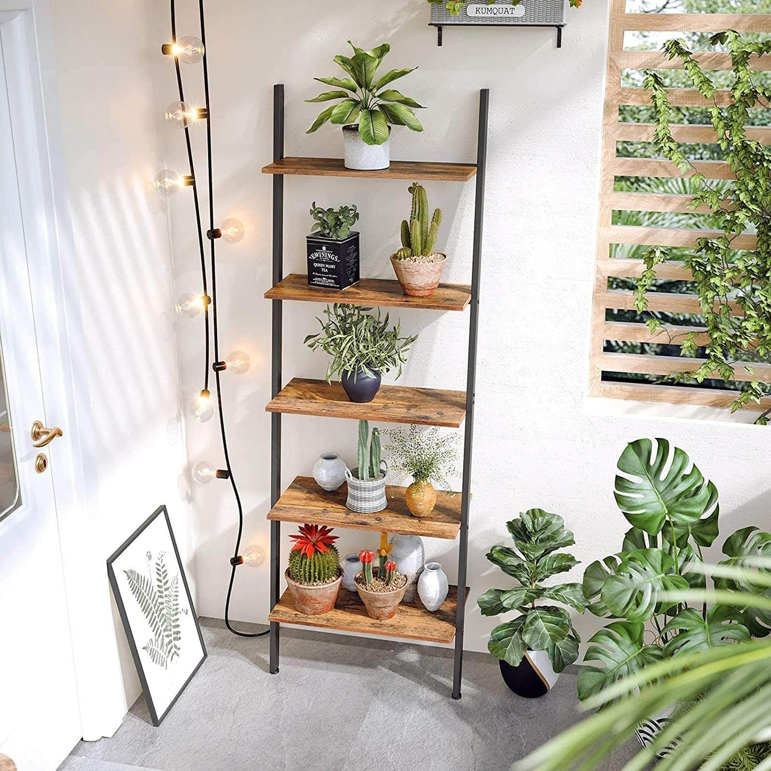 5-Tier Bookshelf Rack, Rustic Brown And Black