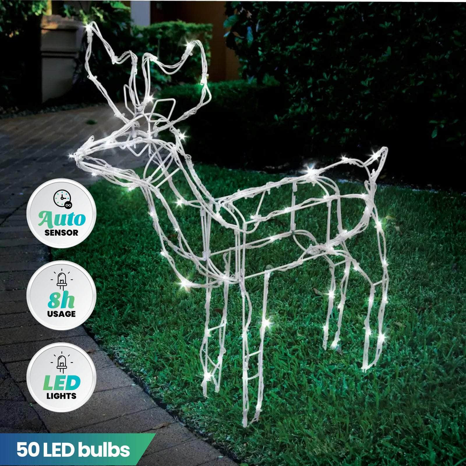 55cm Reindeer Rope Light Solar LED Cool White Auto Sensor