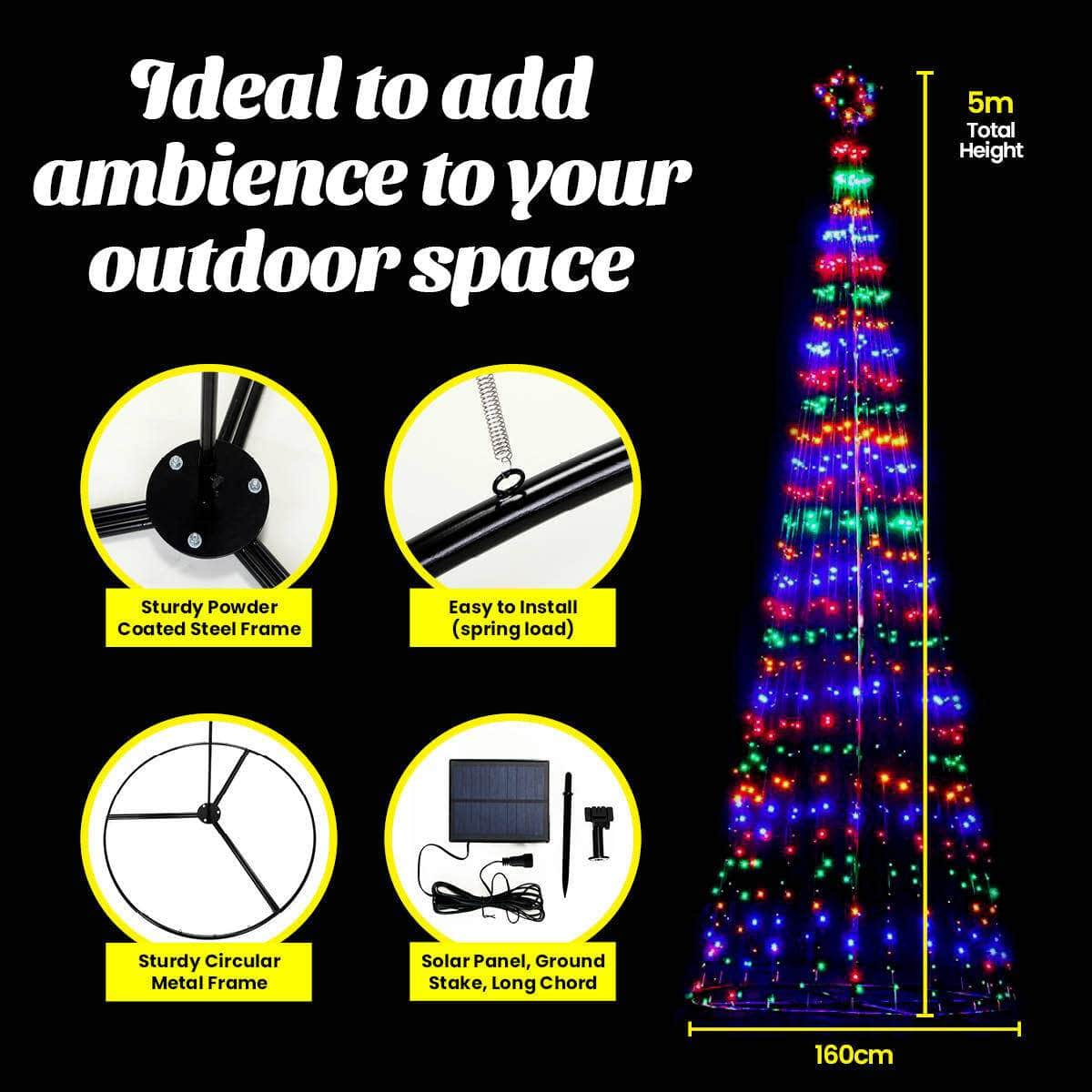 5m Tree Shaped LED Multicoloured Solar Lights & Metal Frame