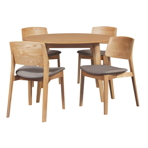 5Pc 120Cm Round Dining Table Set Fabric Chair Solid Ash Wood Oak