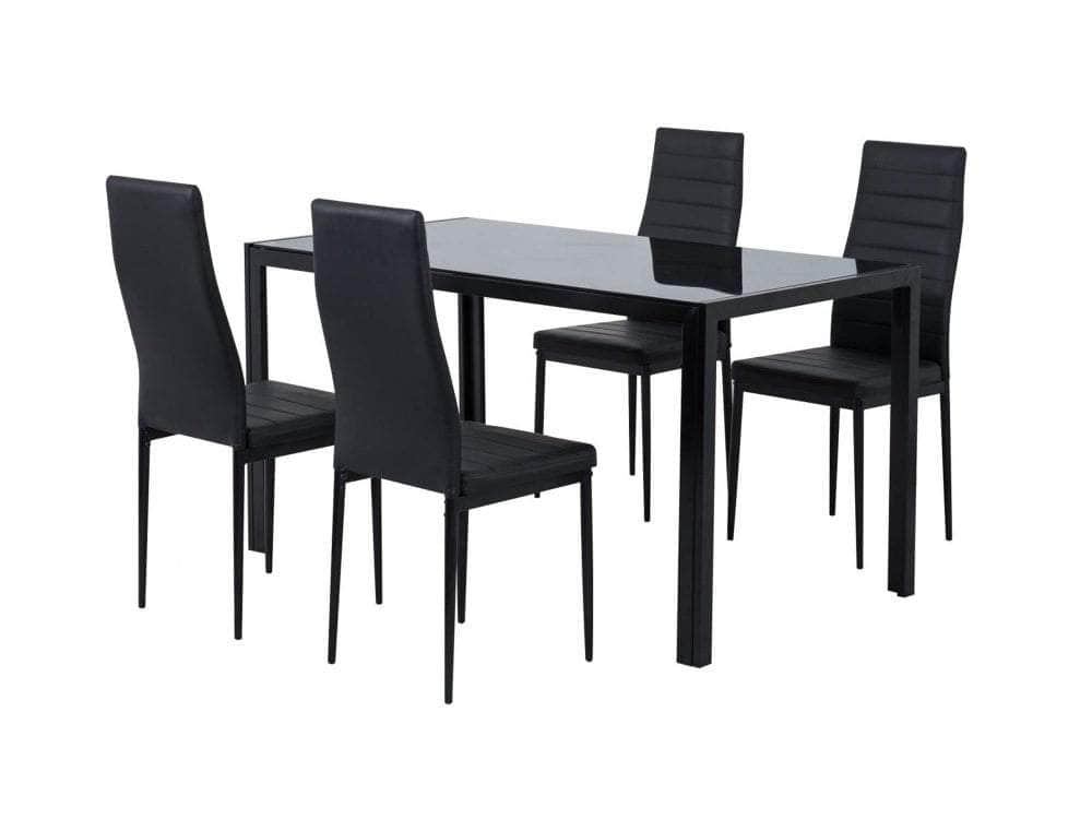 5PC Indoor Dining Table and Chairs Dinner Set Glass Leather Black