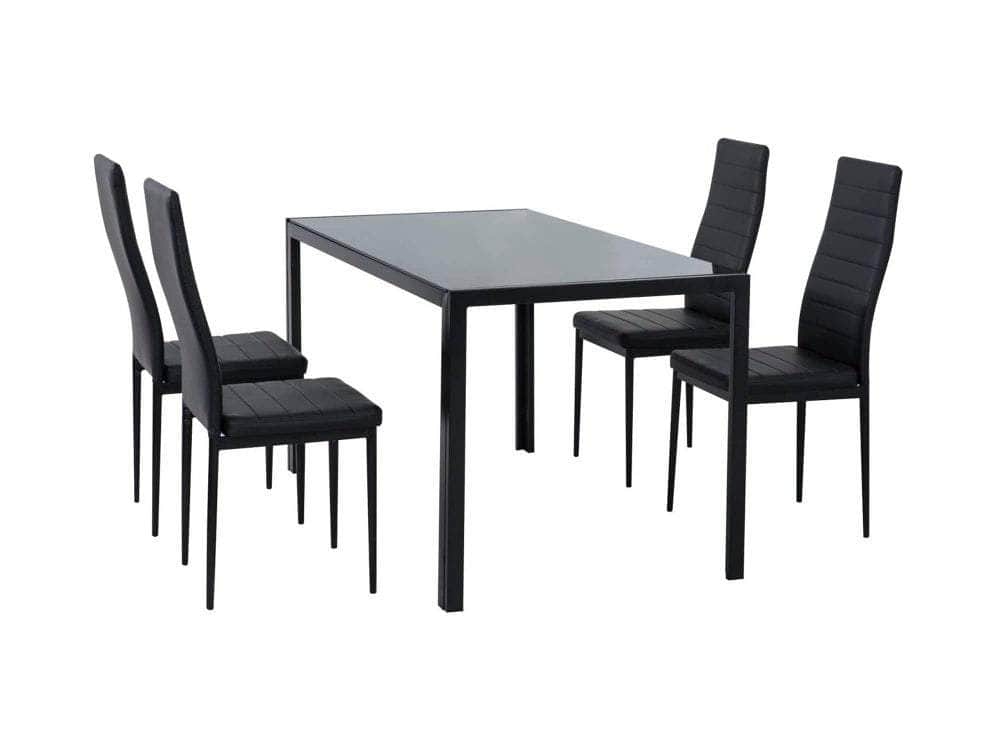 5PC Indoor Dining Table and Chairs Dinner Set Glass Leather Black