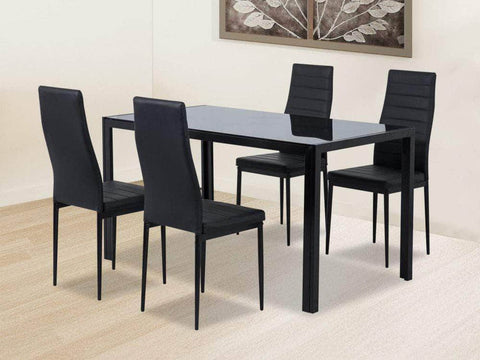 5PC Indoor Dining Table and Chairs Dinner Set Glass Leather Black