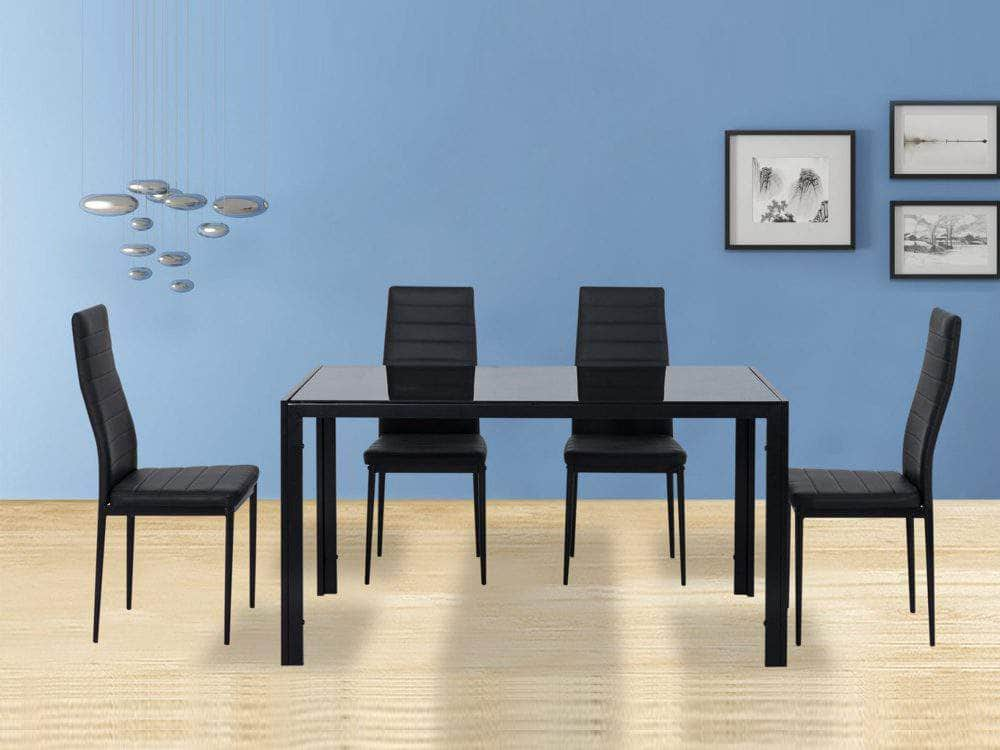 5PC Indoor Dining Table and Chairs Dinner Set Glass Leather Black