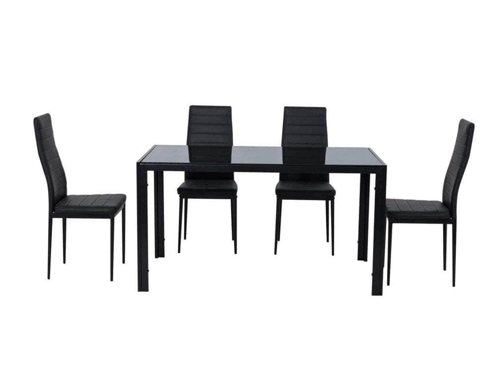 5PC Indoor Dining Table and Chairs Dinner Set Glass Leather Black