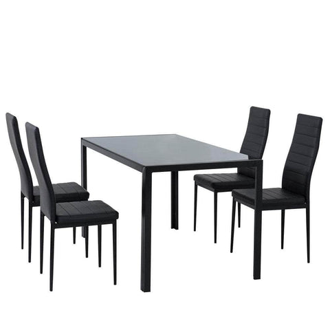 5PC Indoor Dining Table and Chairs Dinner Set Glass Leather Black