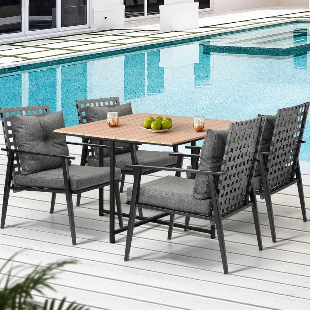 5PCS Outdoor Dining Set Wood-plastic Table and Rattan Chairs