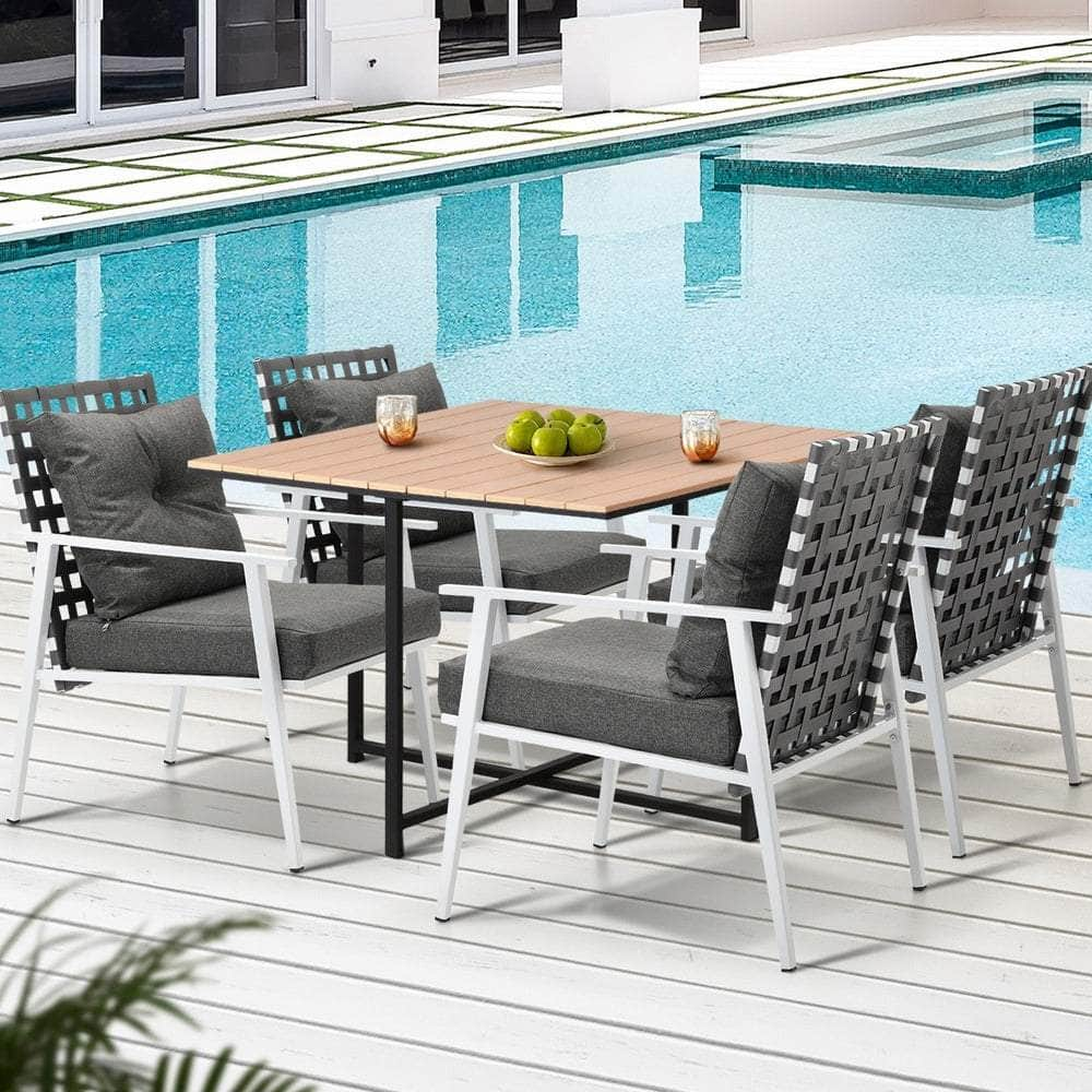 5PCS Outdoor Dining Set Wood-plastic Table and Rattan Chairs