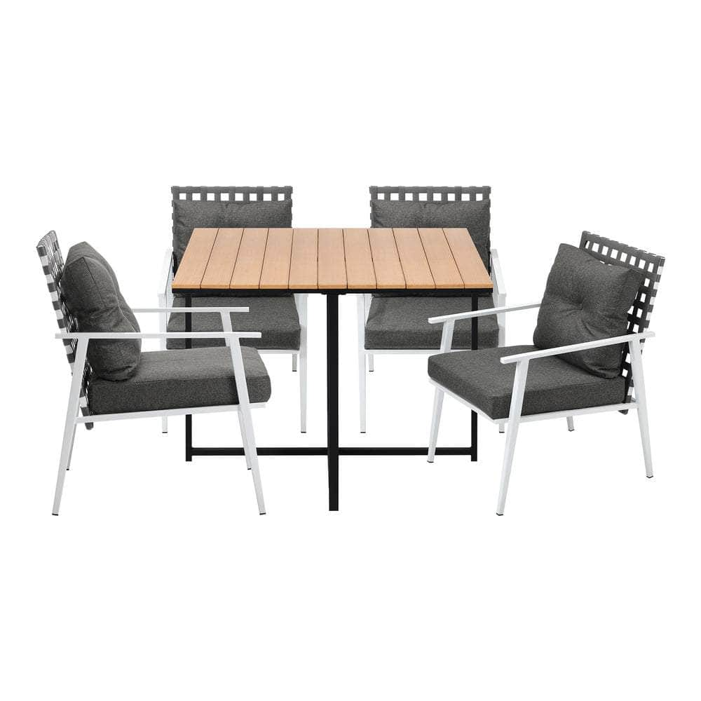 5PCS Outdoor Dining Set Wood-plastic Table and Rattan Chairs