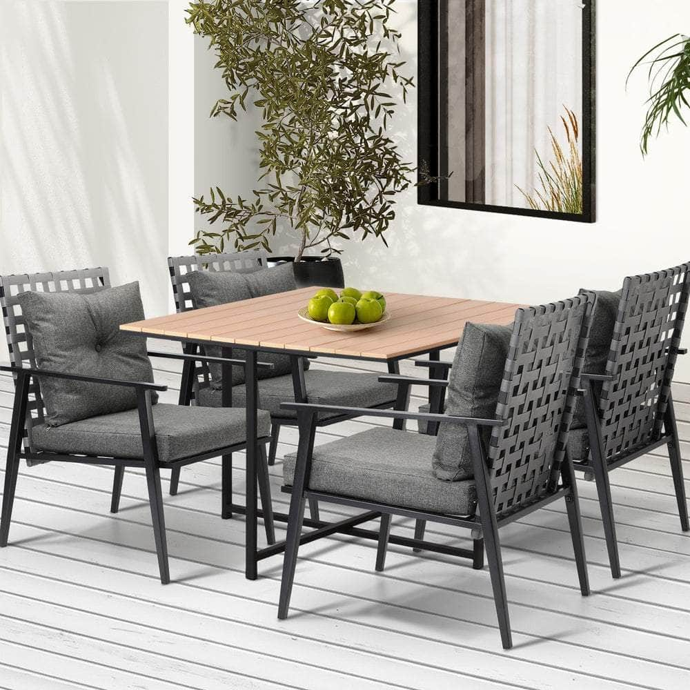 5PCS Outdoor Dining Set Wood-plastic Table and Rattan Chairs