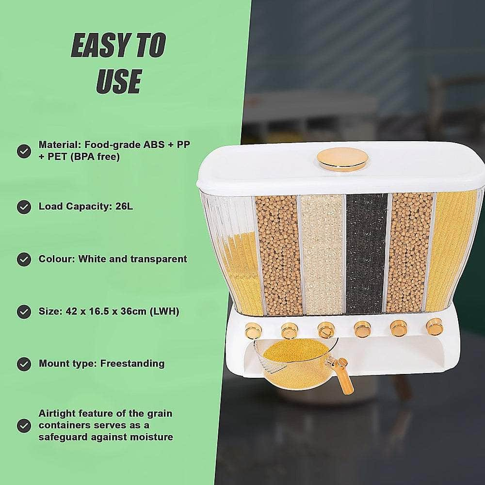 6 Grids Dispenser Storage Container Rice Cereal Beans Grain