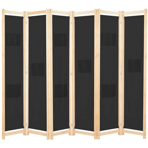 6-Panel Room Divider Black Fabric