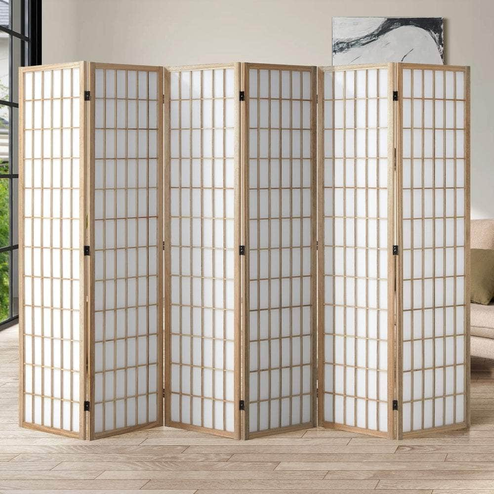 6 Panel Room Divider Timber Farbic Natural