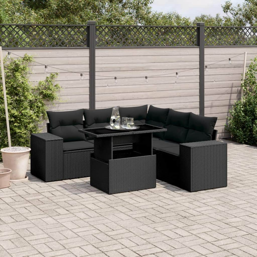 6 Pcs Garden Sofa Set with Cushions Black Poly Rattan