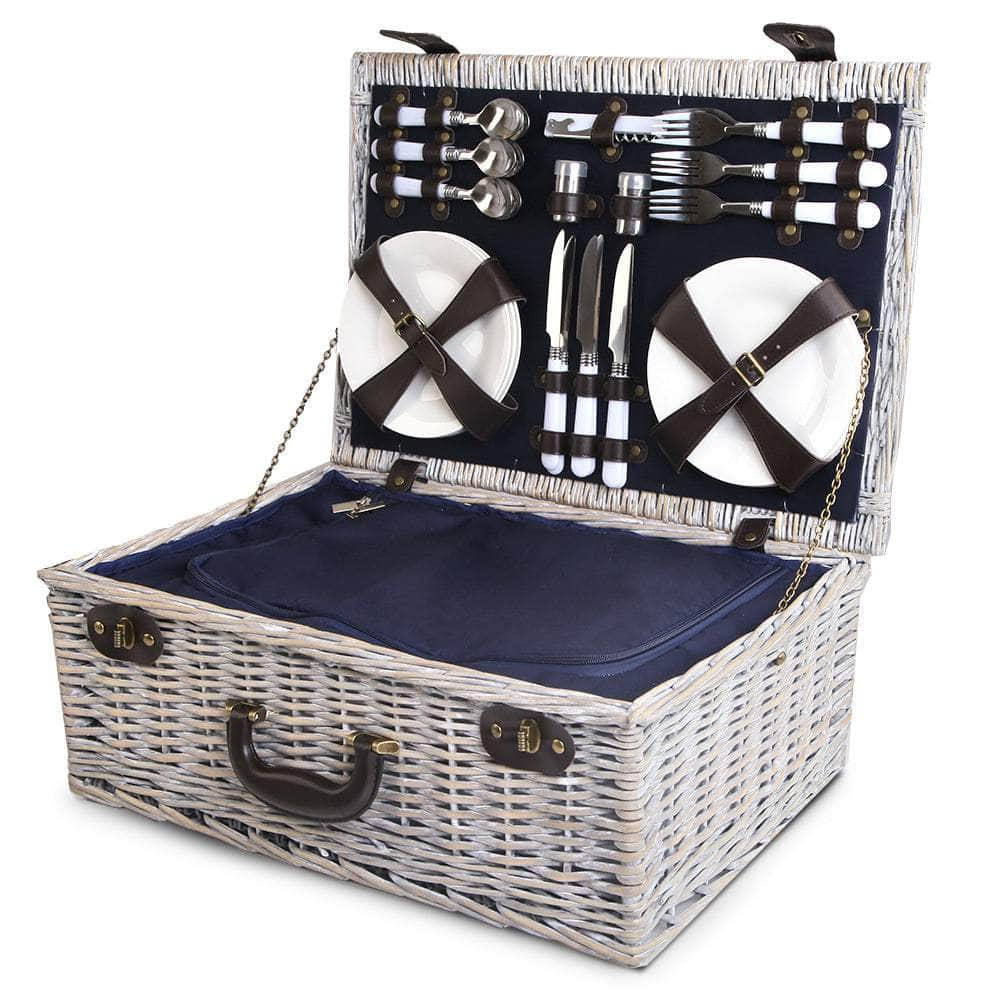 6-Person Picnic Basket Set - Insulated Cooler Bag & Blanket, Navy