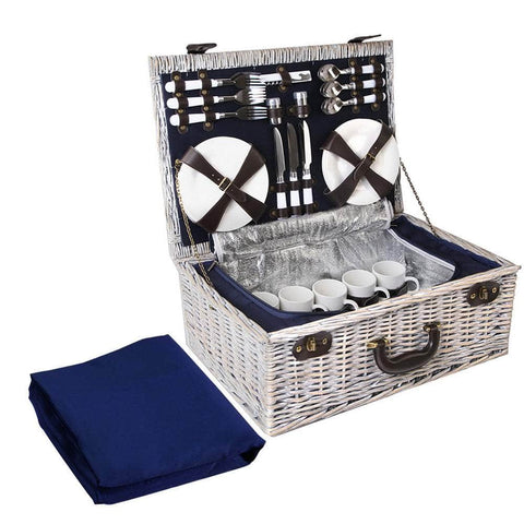 6-Person Picnic Basket Set - Insulated Cooler Bag & Blanket, Navy