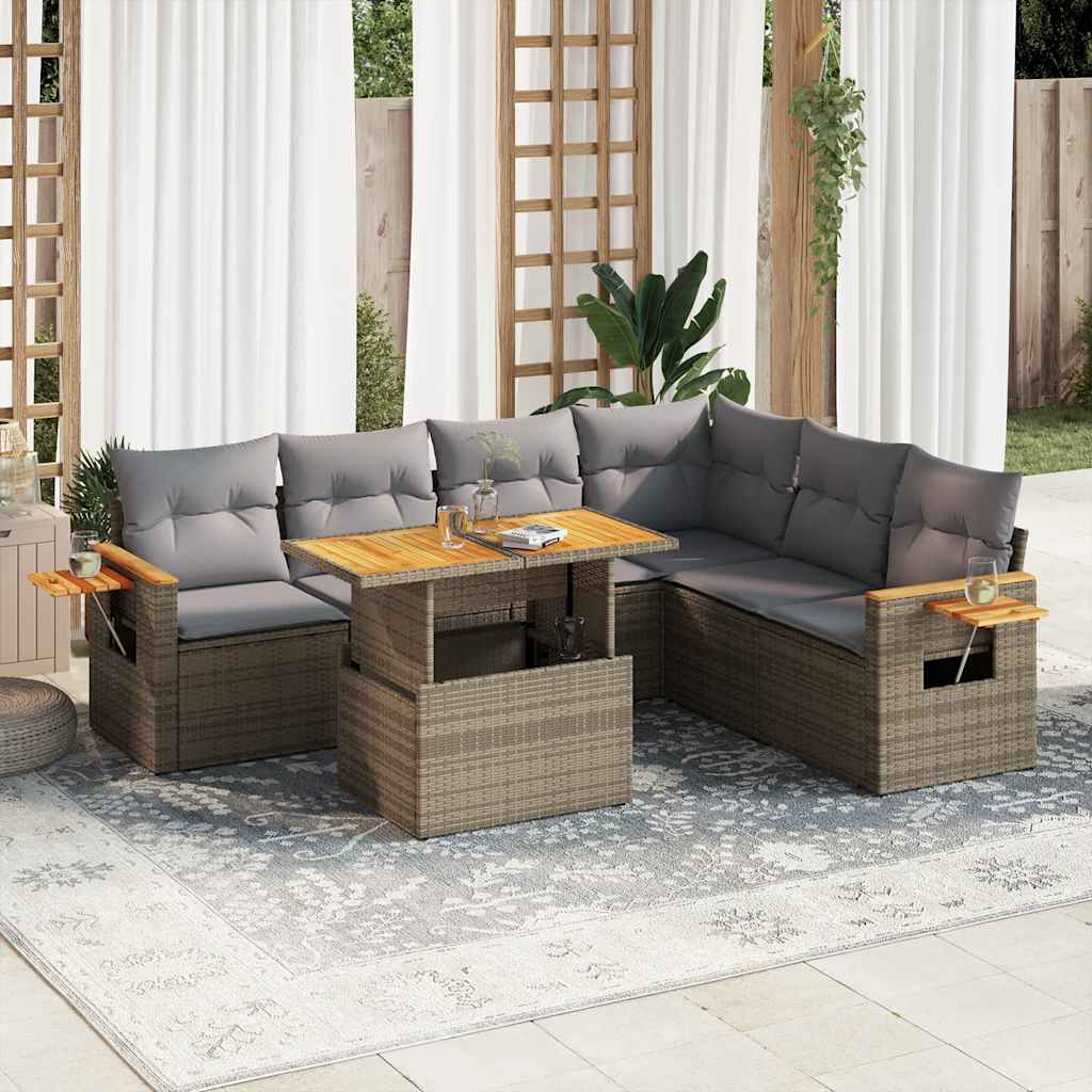 6 Piece Garden Sofa Set with Cushions Grey Poly Rattan Acacia - Durable & Chic