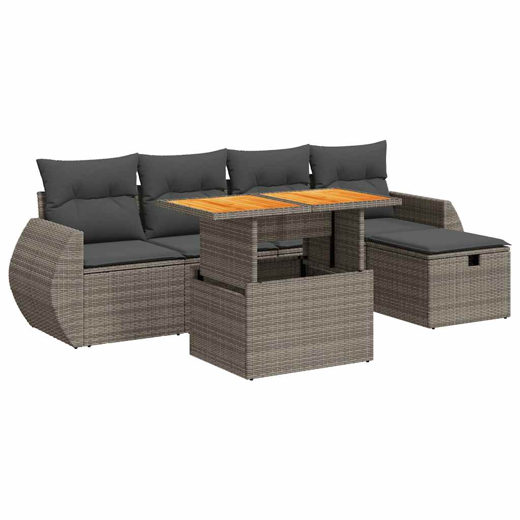 6 Piece Garden Sofa Set with Cushions Grey Poly Rattan Acacia - Outdoor Comfort