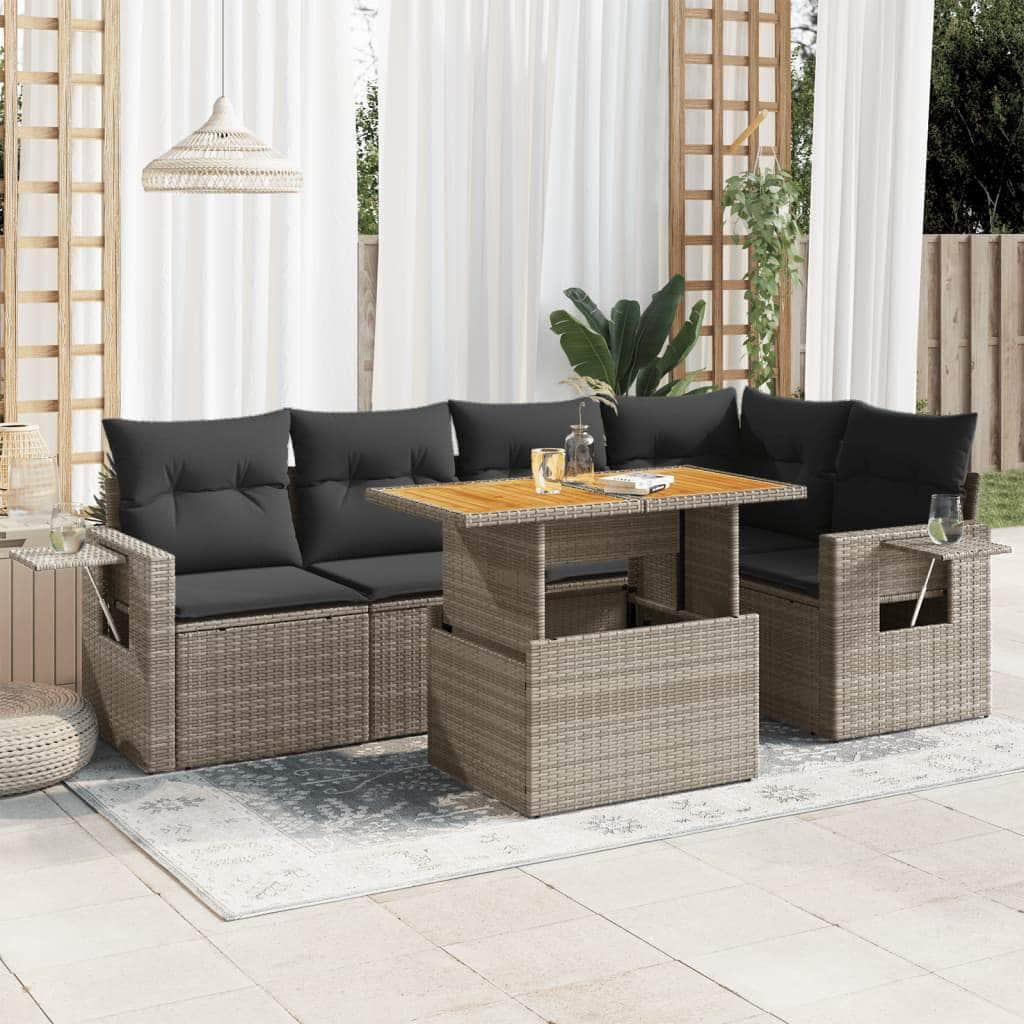 6 Piece Garden Sofa Set with Cushions Grey Poly Rattan - Outdoor Comfort