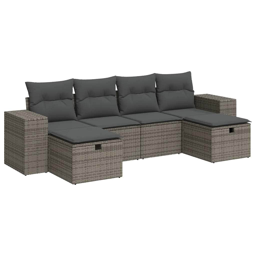 6 Piece Garden Sofa Set with Cushions Grey Poly Rattan - Outdoor Furniture