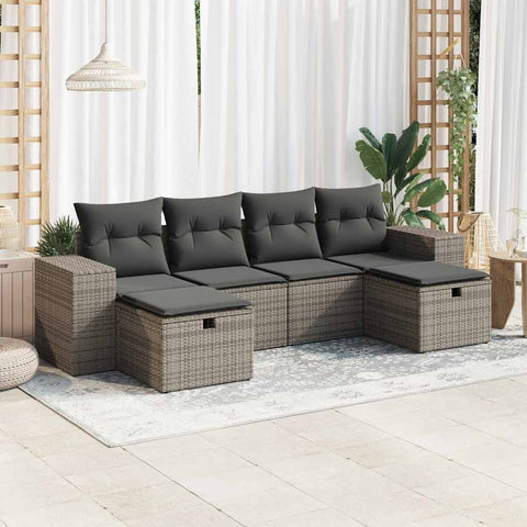 6 Piece Garden Sofa Set with Cushions Grey Poly Rattan - Outdoor Furniture