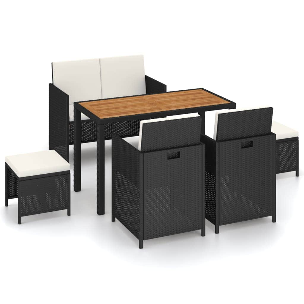 6 Piece Outdoor Dining Set Black Poly Rattan Acacia Wood