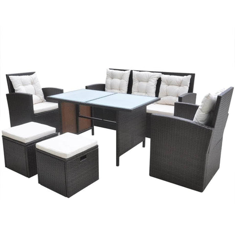 6 Piece Outdoor Dining Set with Cushions Poly Rattan Black